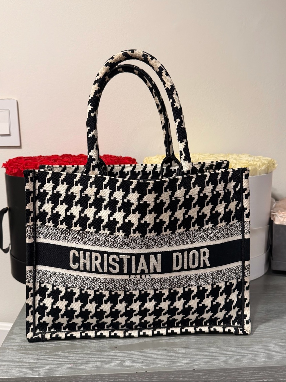 Christian Dior Black and White Houndstooth Book Tote